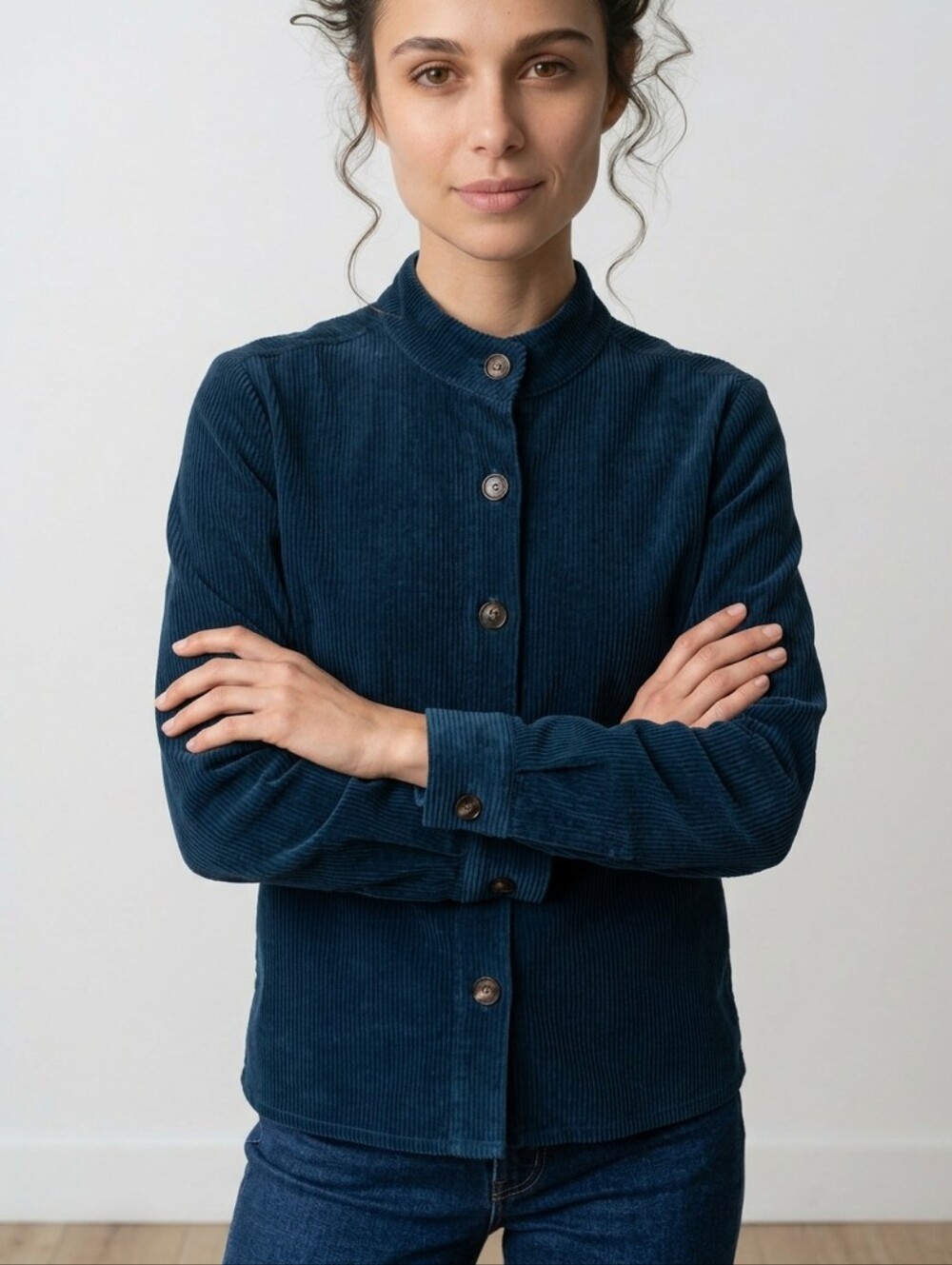 LeSet Sophie Mock Neck Button Down Corduroy Shirt Jacket Royal Navy Blue Size XS